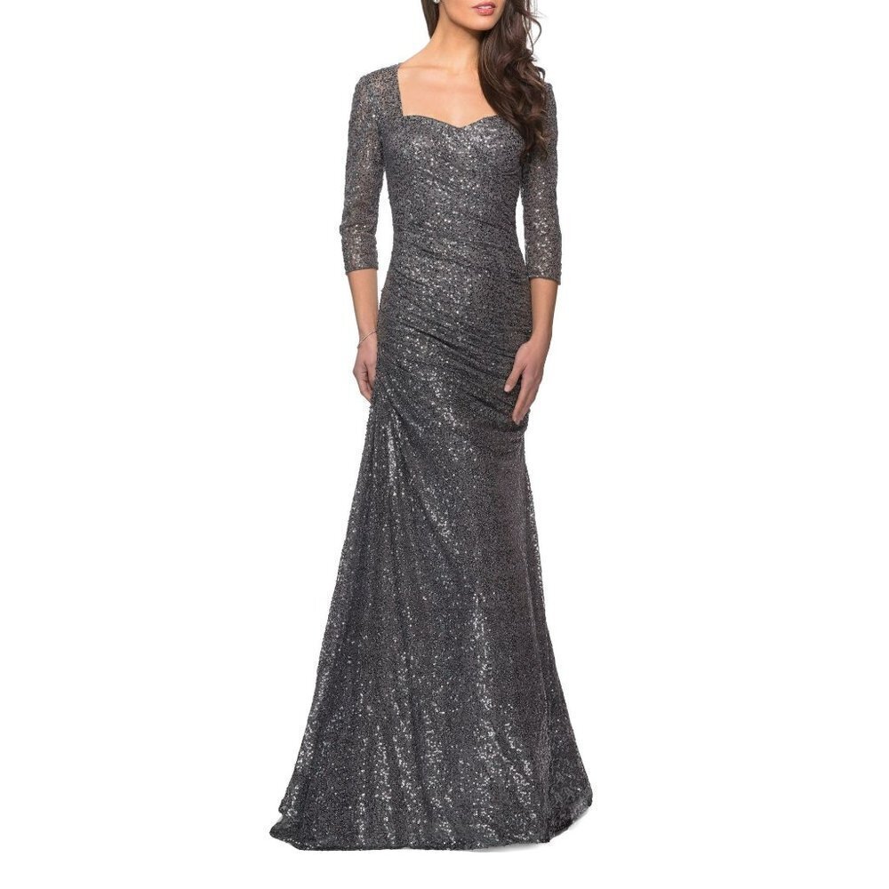 New  La Femme sz 16 Ruched Sequin Trumpet Gown Womens Dress Gunmetal Gray NWT